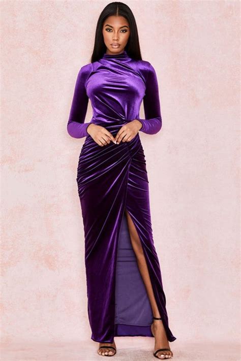 Cutesove High Slit Long Sleeve High Neck Ruched Velvet Maxi Evening Dress Purple Cutesove