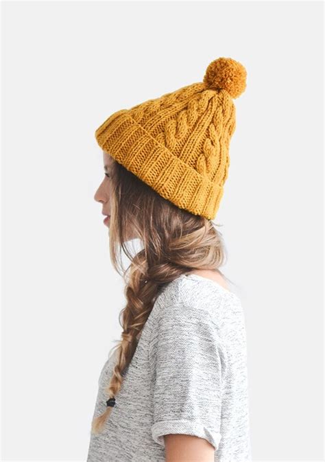 Hand Knit Beanie In Mustard Yellow Cable Knit Womens Winter Etsy