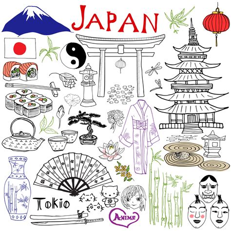 Japan Doodles Elements Hand Drawn Set With Fujiyama Mountain Shinto