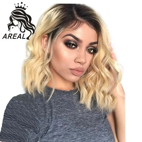 Dark Root Ombre Platinum Blonde Lace Front Wig Short Wavy Human Hair