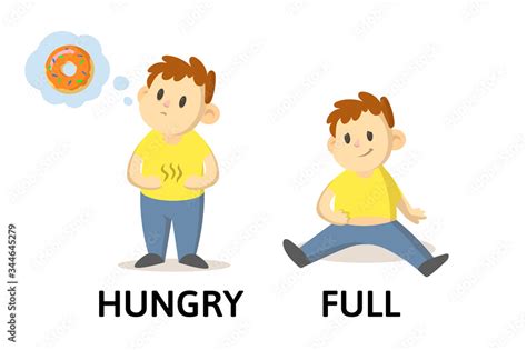Words HUNGRY And FULL Flashcard With Text Cartoon Characters Opposite Adjectives Explanation