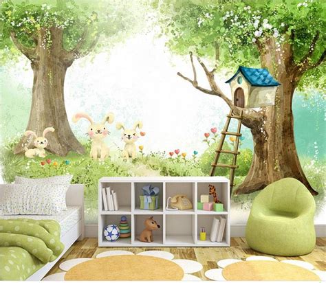 Custom Photo Wallpaper Kids Room Mural Tree House Rabbit Etsy
