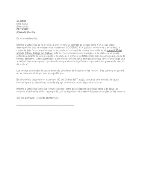 Carta De Aviso De Despido Por Ausencia Injustificada Chile Pdf