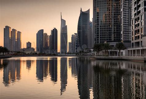 Reflections Of Jumeirah Lakes Towers At Dusk Dubai United Arab Stock