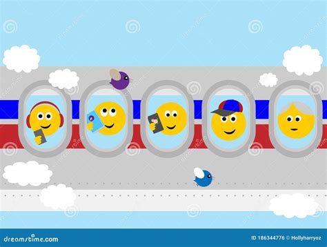 Emoji On Plane Looking Out Of Windows Youth Millennial Holiday Travel Stock Illustration