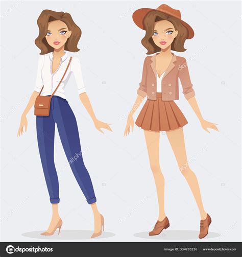 Dessin animé personnage fille de la mode portant deux tenues
