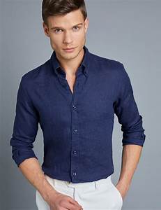 Men 39 S Navy Slim Fit Linen Shirt Single Cuff Hawes Curtis Linen