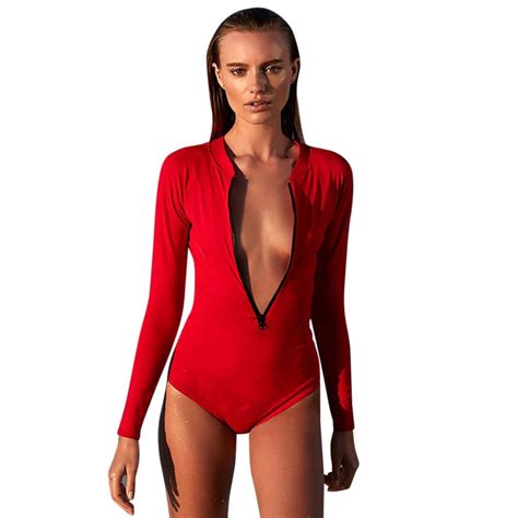Red Minimalist Bodysuit Women Zipper Mock Neck Long Sleeve Slim Fitted Jumpsuit Sexy Backless