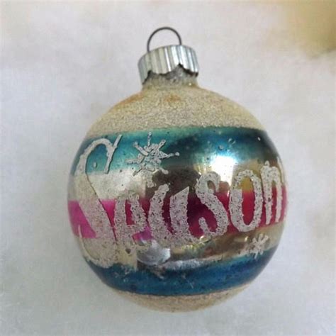 Vintage Shiny Brite Christmas Mica Stencil Striped Season S Greetings In Silver Mercury Glass