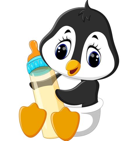 Baby Penguin Holding Milk Bottle Premium Vector