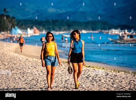 Philippine Girls Walking On White Beach Boracay Aklan Visayas