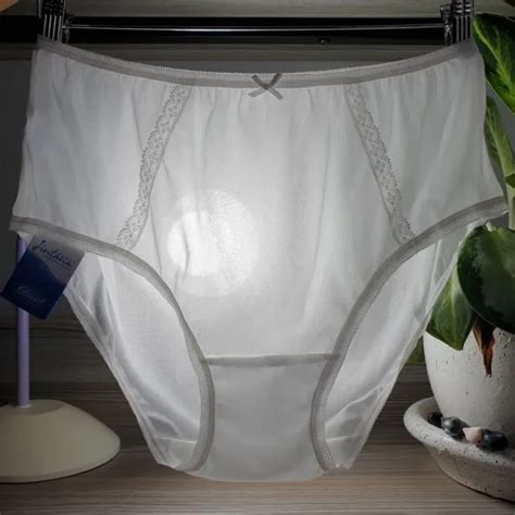 Vintage Granny Nylon Panties White Bikini Lace Sheer Brief Size 8 Hip