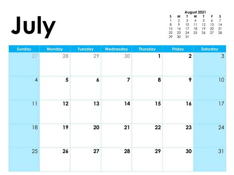 July Calendar PDF Word Excel Template Blank Calendar Pages