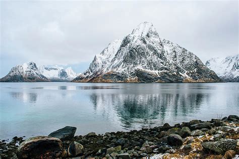 Coastline And Snow Capped Mountains Reine Norway Digital Art By Pete