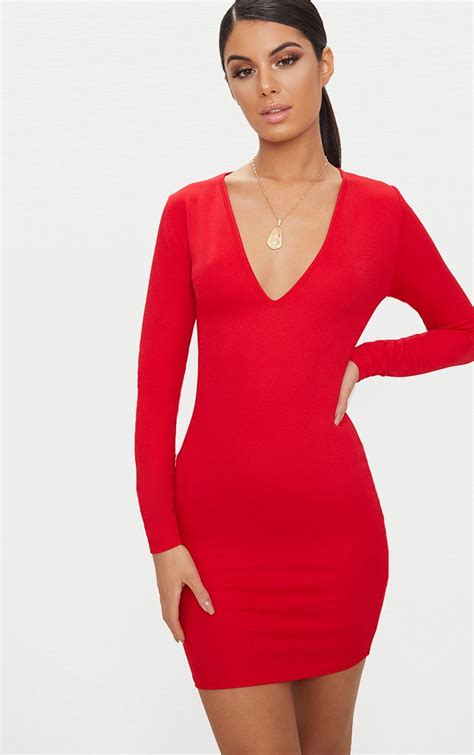 Red Long Sleeve Plunge Bodycon Dress Prettylittlething Ca