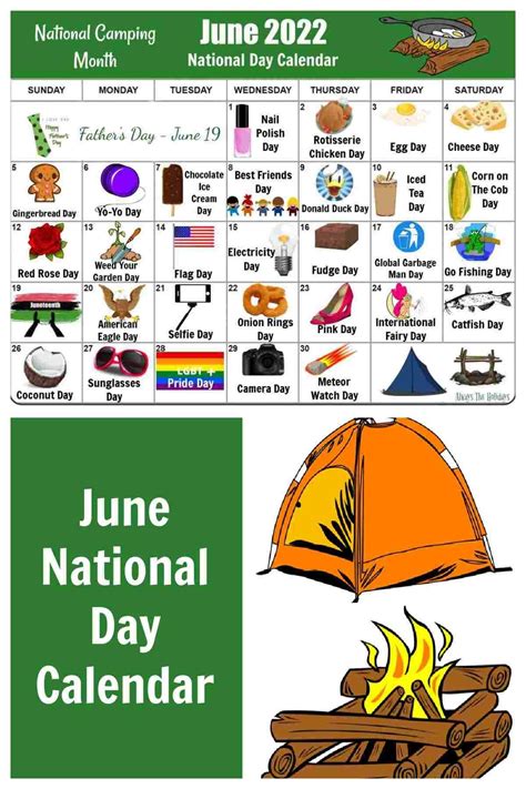 The National Day Calendar For June Is Shown With Camping Items And