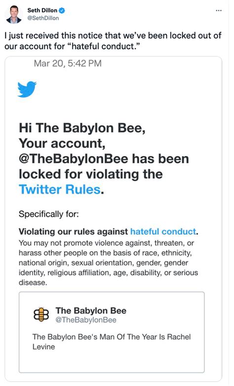 Twitter Suspends Babylon Bee Over Rachel Levine Man Of The Year Title