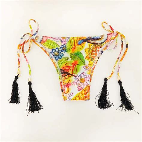 Printed Flower Tassels Bikini Bottoms Swimwear Female Twopiece Separate