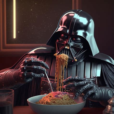 Premium Ai Image A Darth Vader Sits At A Table Eating Spaghetti