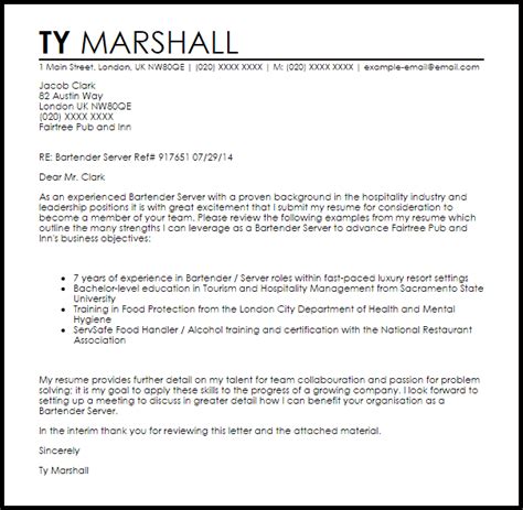 I am writing in to express my interest for the bartender position at your restaurant. Bartender Server Cover Letter Sample | LiveCareer