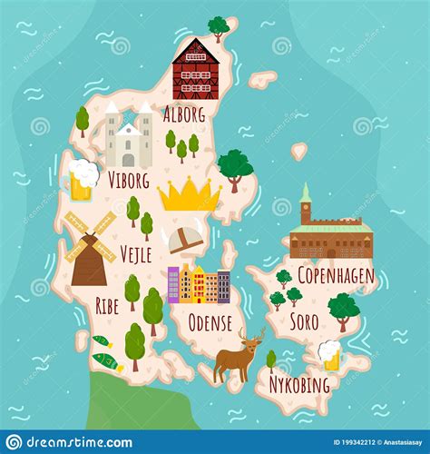 Stylized Map Of Denmark Cartoon Map With Travel Illustration Famous