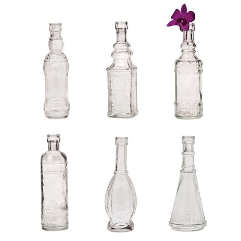 Luna Bazaar Small Vintage Glass Bottle Set 7 Inch Brooklyn Design Clear Set Of 6 Flower