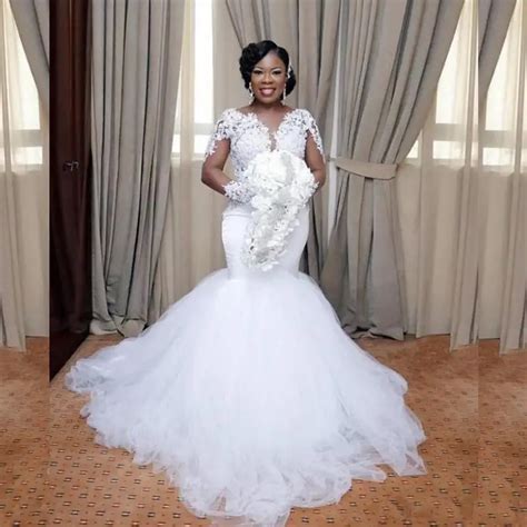 Nigeria Lace Mermaid Wedding Dresses Applique African Bridal Gown Plus Size Sheer Long Sleeves