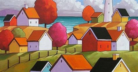 Painting Original Folk Art Colorful Seascape Town Cottages