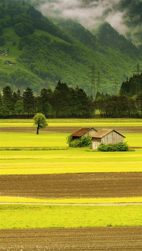 美丽的风景，绿色的田野，小屋，山脉，村庄 1242x2688 Iphone 11 Proxs Max 壁纸，图片，背景，照片