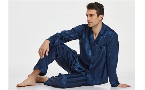 Mens Silk Satin Pajama Set Long Sleeve Navy Blue Stripedn Tony