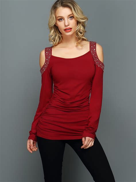 women sexy cold shoulder rhinestone slim t shirt online discover hottest trend fashion at
