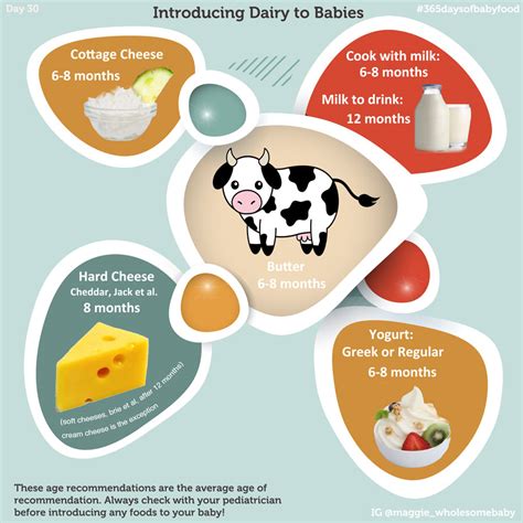 However, some continue to be allergic to milk until they are. Day 30 - Dairy Infographic, When to introduce milk and dairy products - 365 Days of Baby Food ...