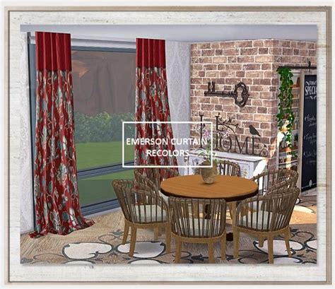 An Image Of A Dining Room With Brick Walls And Red Curtains On The