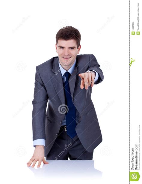 Business Man Behind The Desk Pointing Stock Photo Image Of Portrait