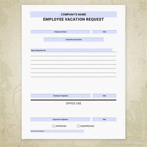 This Is A Printable Employee Vacation Request Pdf Template With