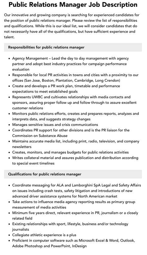 Public Relations Manager Job Description Velvet Jobs