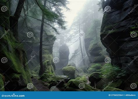 Foggy Forest Shrouded In Mist With Towering Trees And Hidden Caves