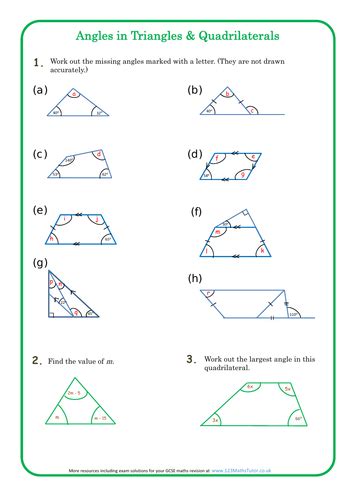 Angles In Triangles And Quadrilaterals Homework Sheet Solutions