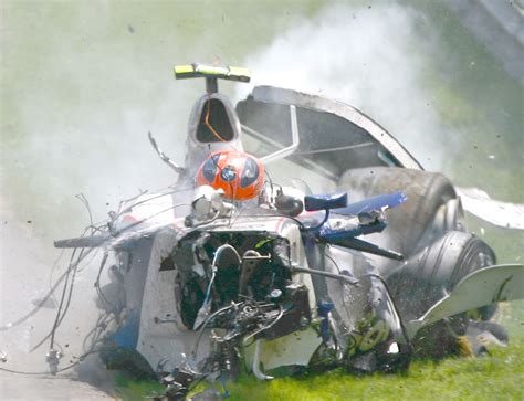.robert kubica's bmw sauber goes straight on at the kink entering the hairpin and collides with the wall at the canadian gp at the circuit gilles villeneuve in montreal on june 10, 2007. Robert Kubica 2007 Montreal. Those are his feet sticking ...