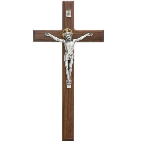 Beveled Walnut Wall Crucifix Cross Silver Color Cross Gold Color Halo
