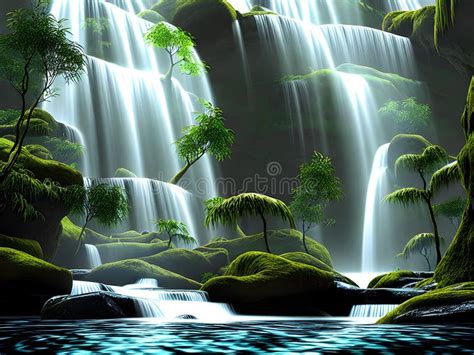 Waterfall With Luminous Creatures Generative Ai Illustration Stock