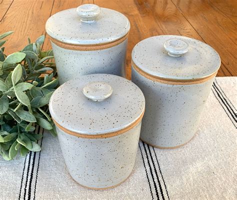 Pottery Canister Set Of 3 Handmade Stoneware Lidded Jars Kitchen