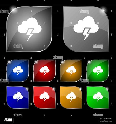 Heavy Thunderstorm Icon Sign Set Of Ten Colorful Buttons With Glare