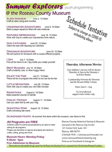 SE scedule | Roseau County Historical Society and Museum
