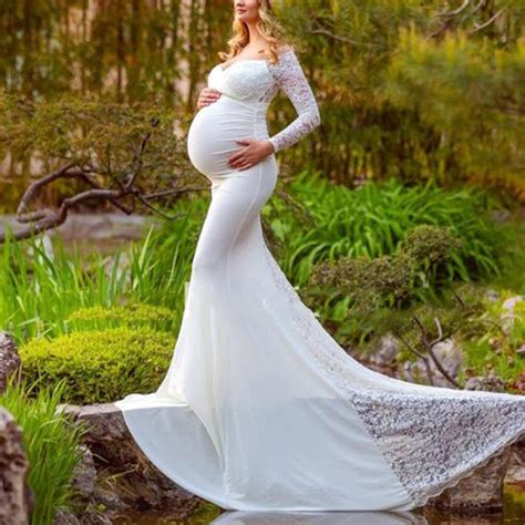 maternity white lace stitching off shoulder long sleeve photo dress maternity dresses long