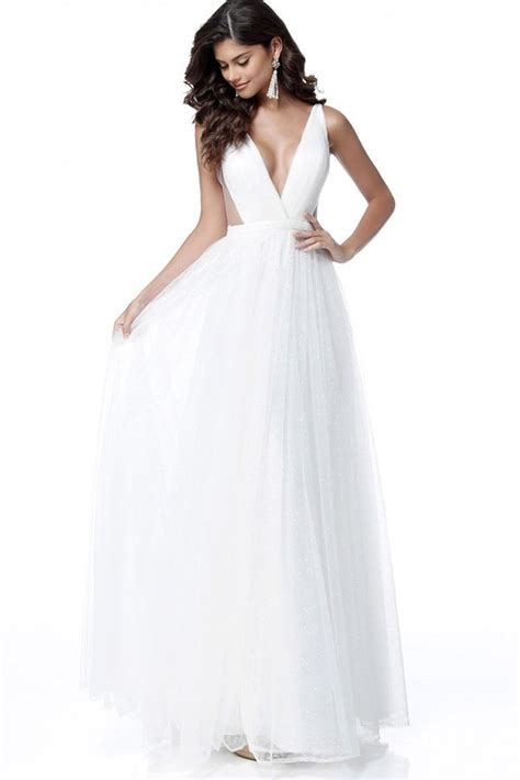 Hualong Sexy Cut Low V Neck White Chiffon Maxi Dress Online Store For