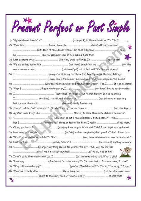 Worksheet On Present Perfect Simple And Past Simple Including