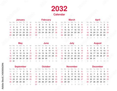 Calendar 2032 12 Months Yearly Vector Calendar In Year 2032
