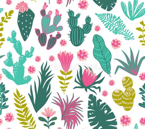 Vector Seamless Pattern Of Tropical Plants Cacti Succulents Flowers