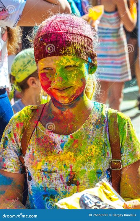 Portrait Of Happy Young Girl On Holi Color Festival Editorial Image